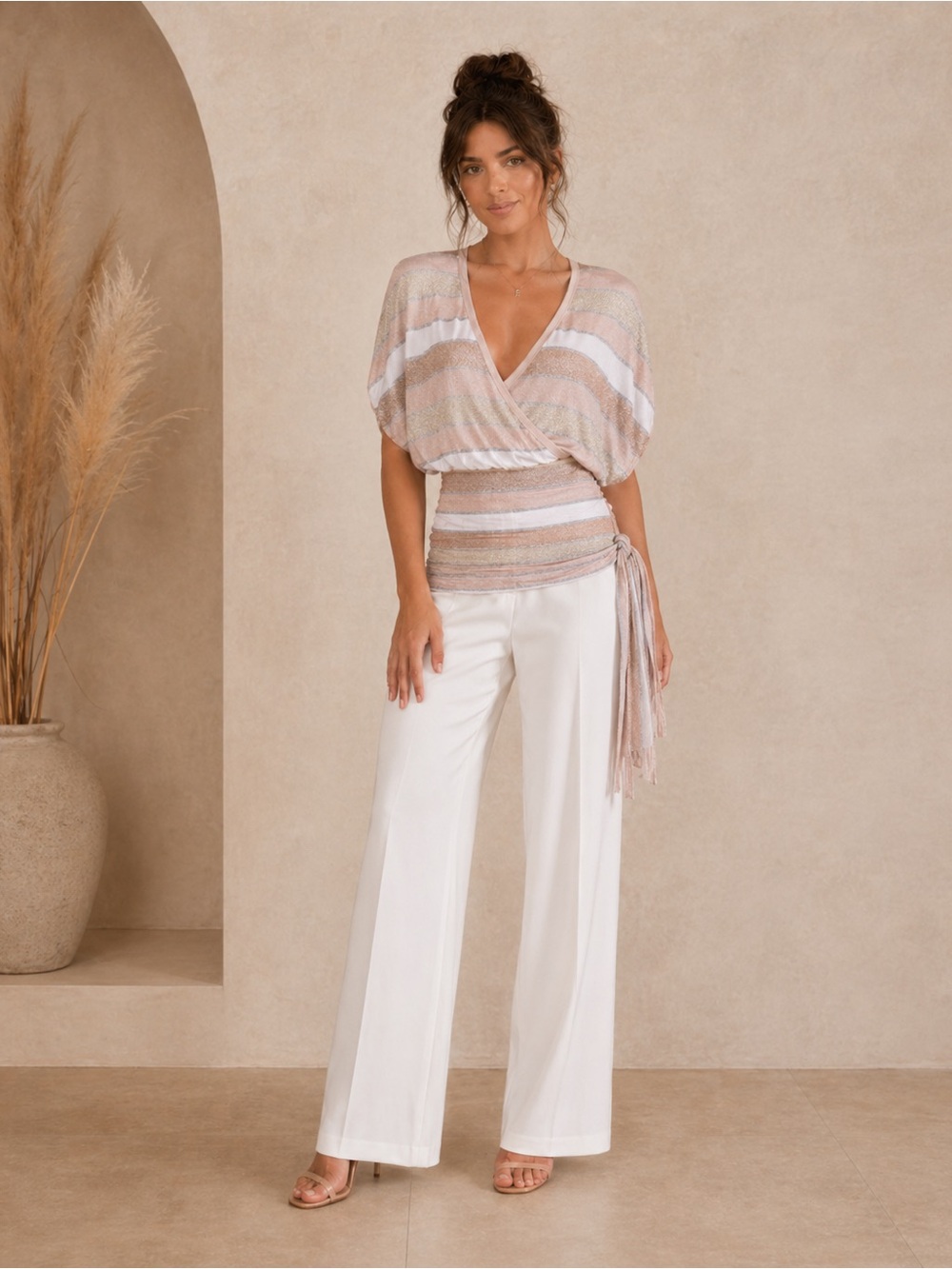 Bebe Silk Wrap Tie Top XS Cream Silver Beige Shimmer Stripe Blouse